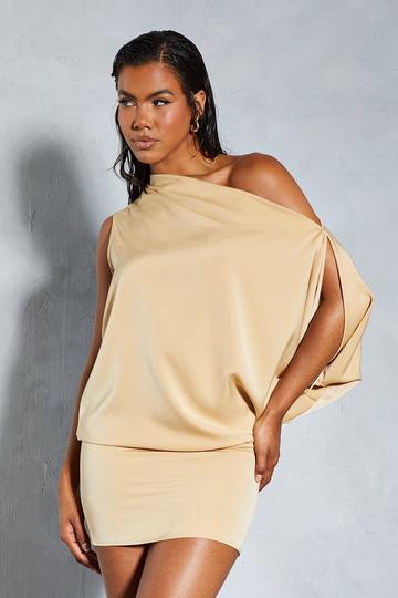 Bronze Metallic Satin Off Shoulder Asymmetric Bodycon Mini Dress