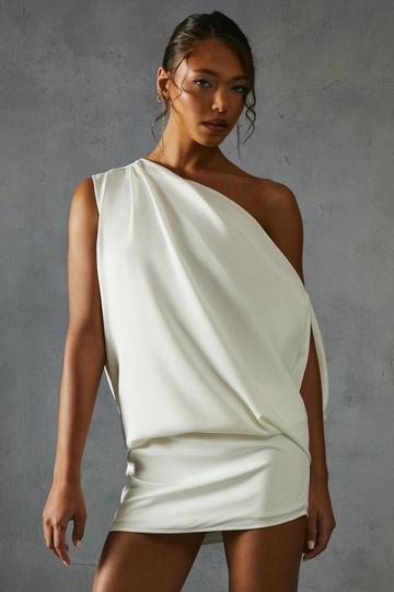 Satin Off Shoulder Asymmetric Bodycon Mini Dress ivory