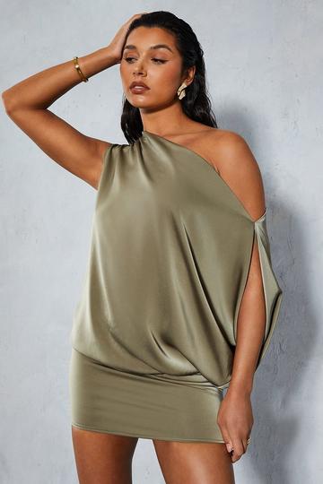 Satin Off Shoulder Asymmetric Bodycon Mini Dress khaki