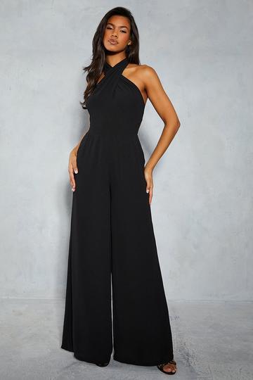 Chiffon Knot Detail Halterneck Wide Leg Jumpsuit black