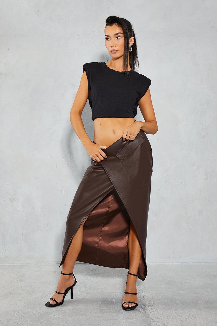 Chocolate Leather Look Wrap Utility Midi Skirt image number 1