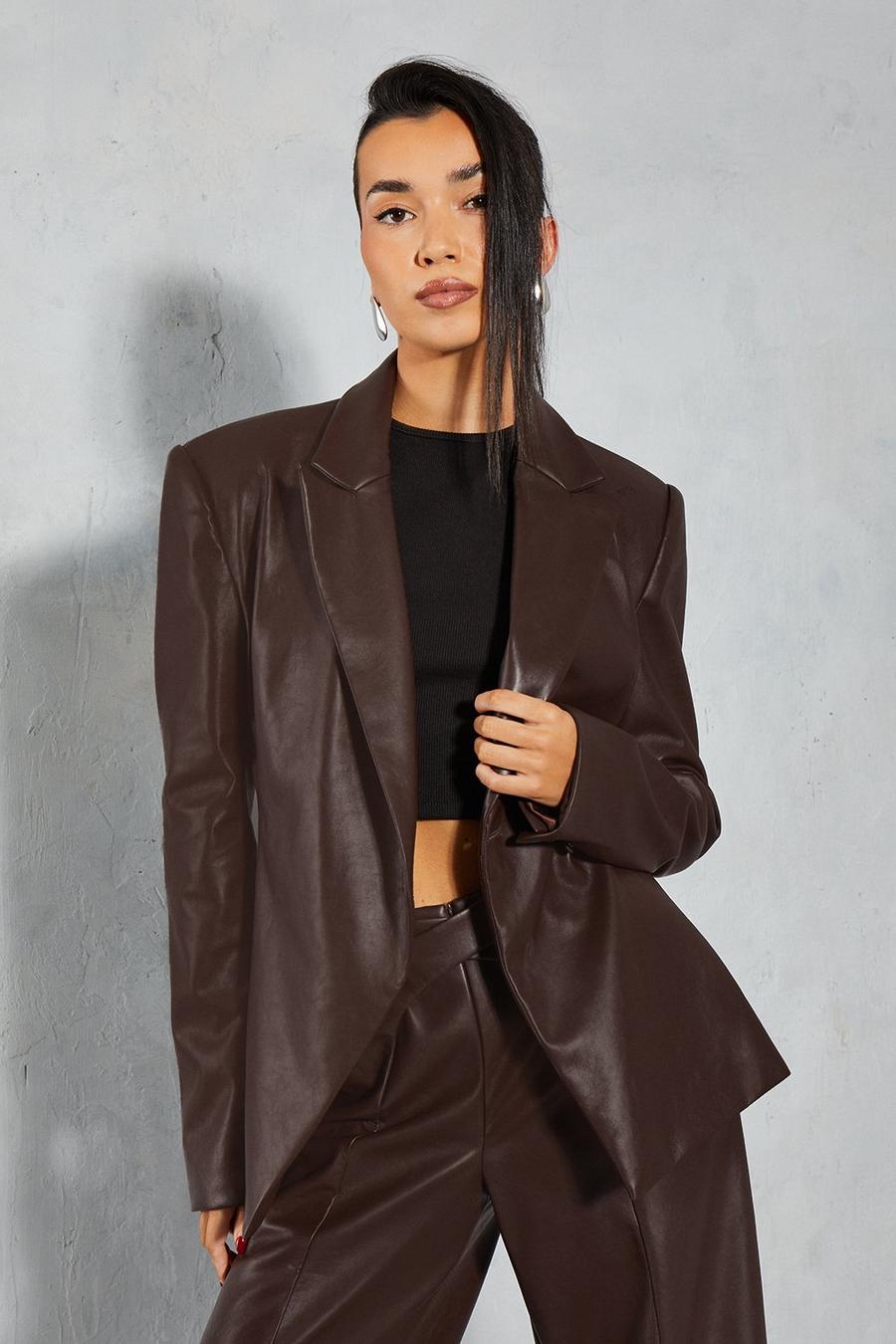 Chocolate Leather Look Wrap Blazer  image number 1