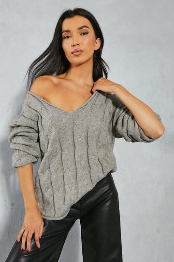 Cable Knit V Neck Oversized Jumper grey