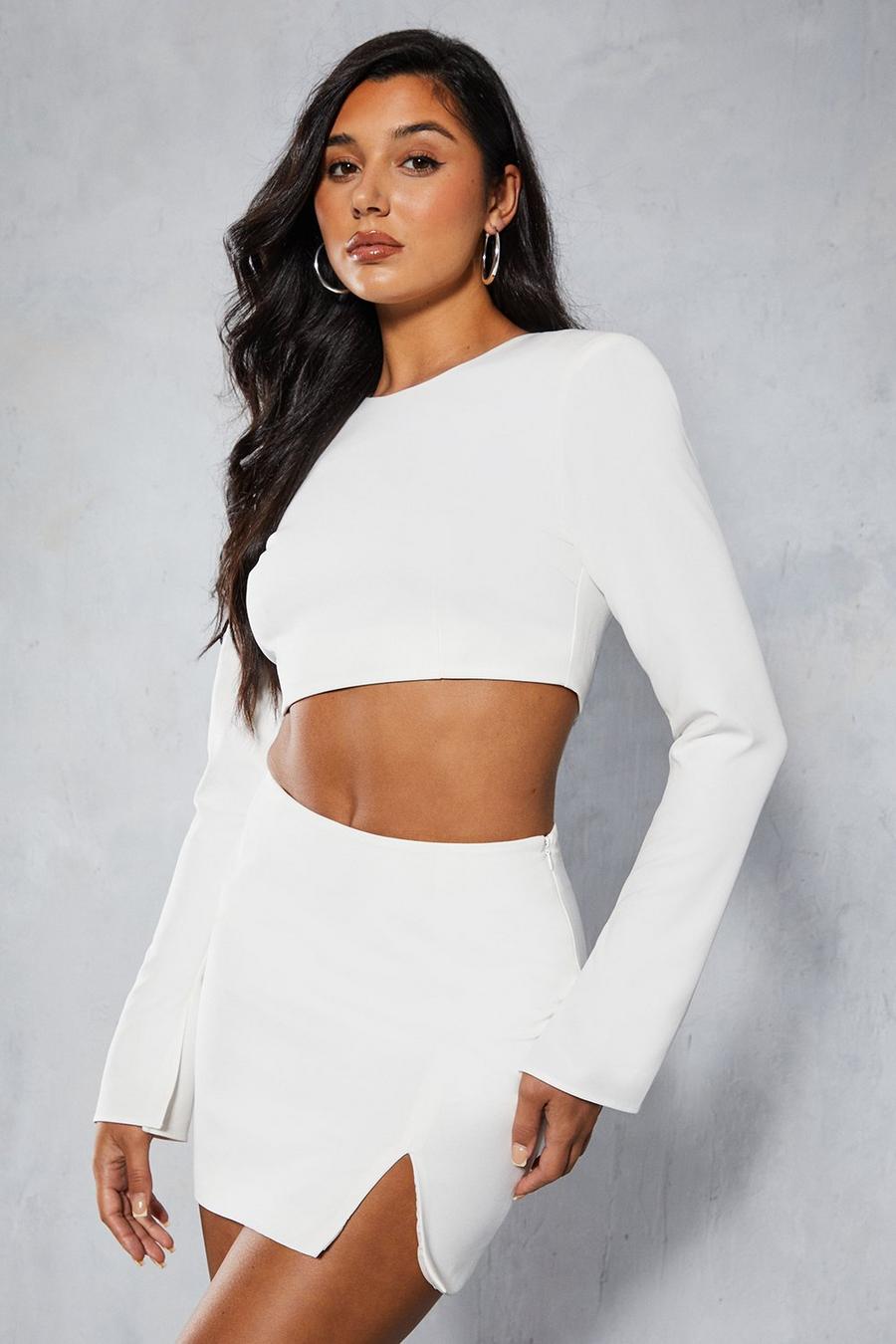 White Shoulder Pad Tailored Long Sleeve Top & Mini Skirt Co-ord