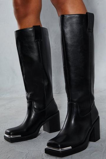 Metal Square Toe Block Heel Boots black