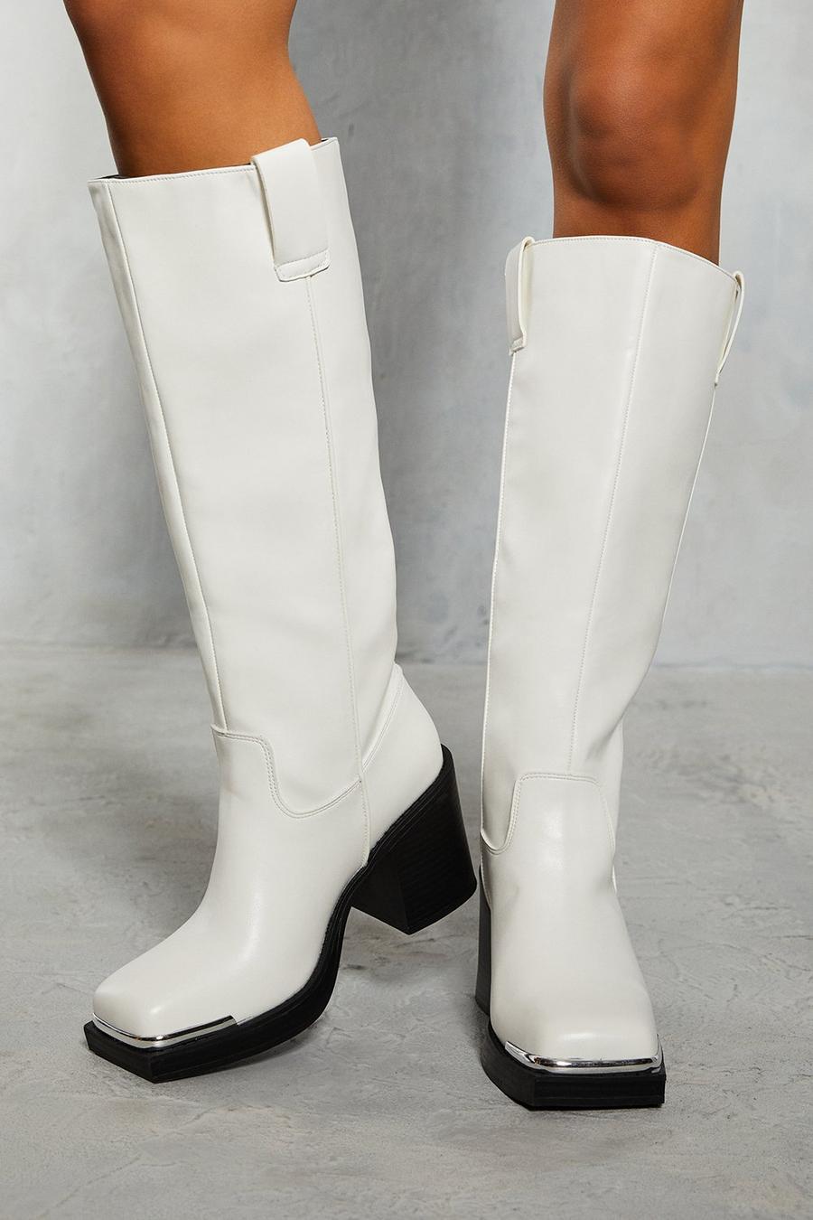 White Metal Square Toe Block Heel Boots image number 1