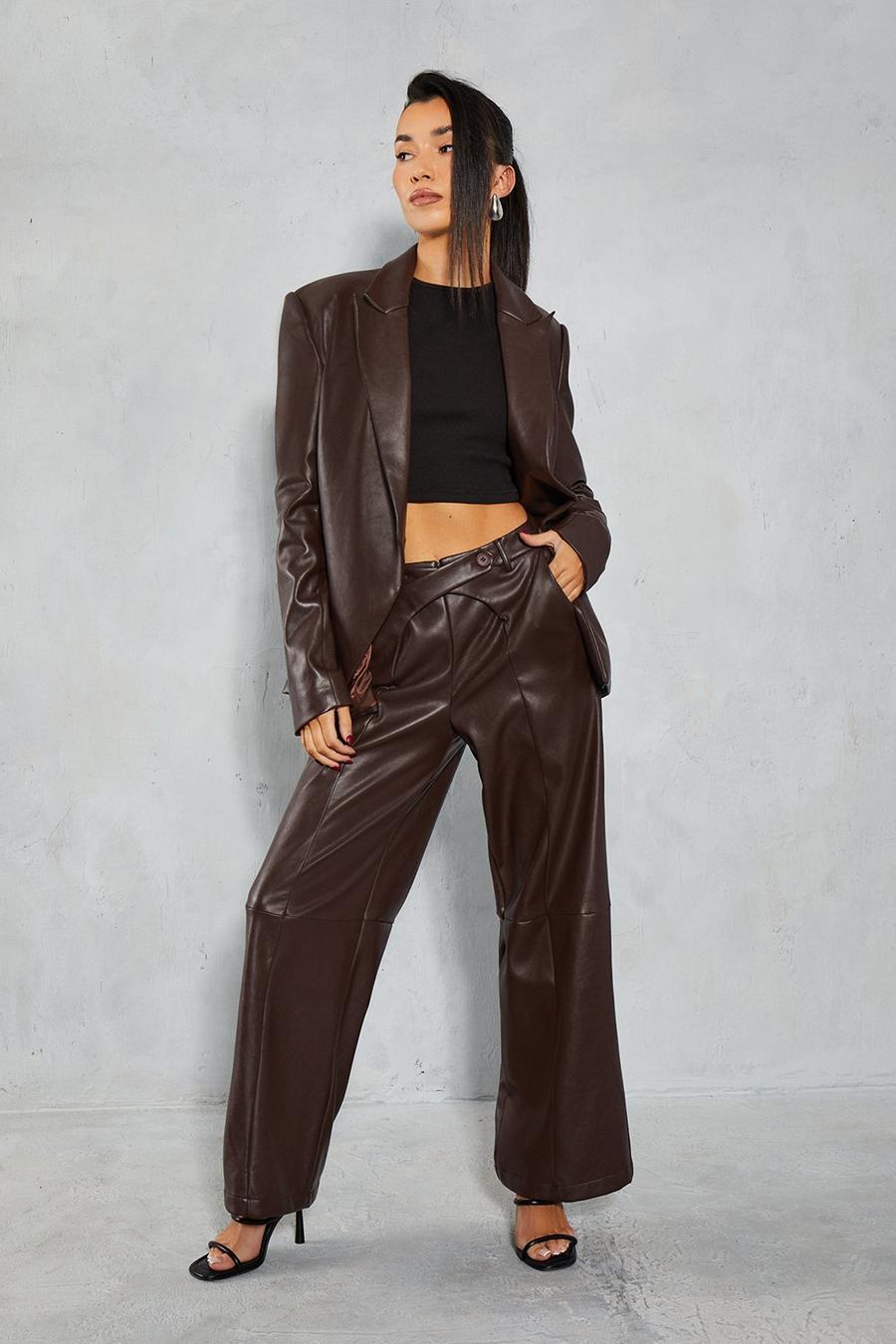 Chocolate Leather Look Cross Front Waist Detail Trouser  image number 1