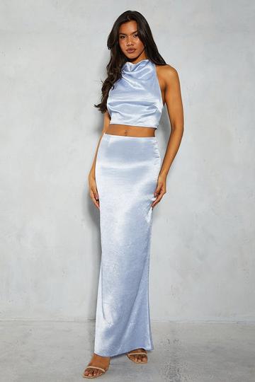 Textured Satin Grown On Neck Top & Maxi Skirt Co-ord baby blue