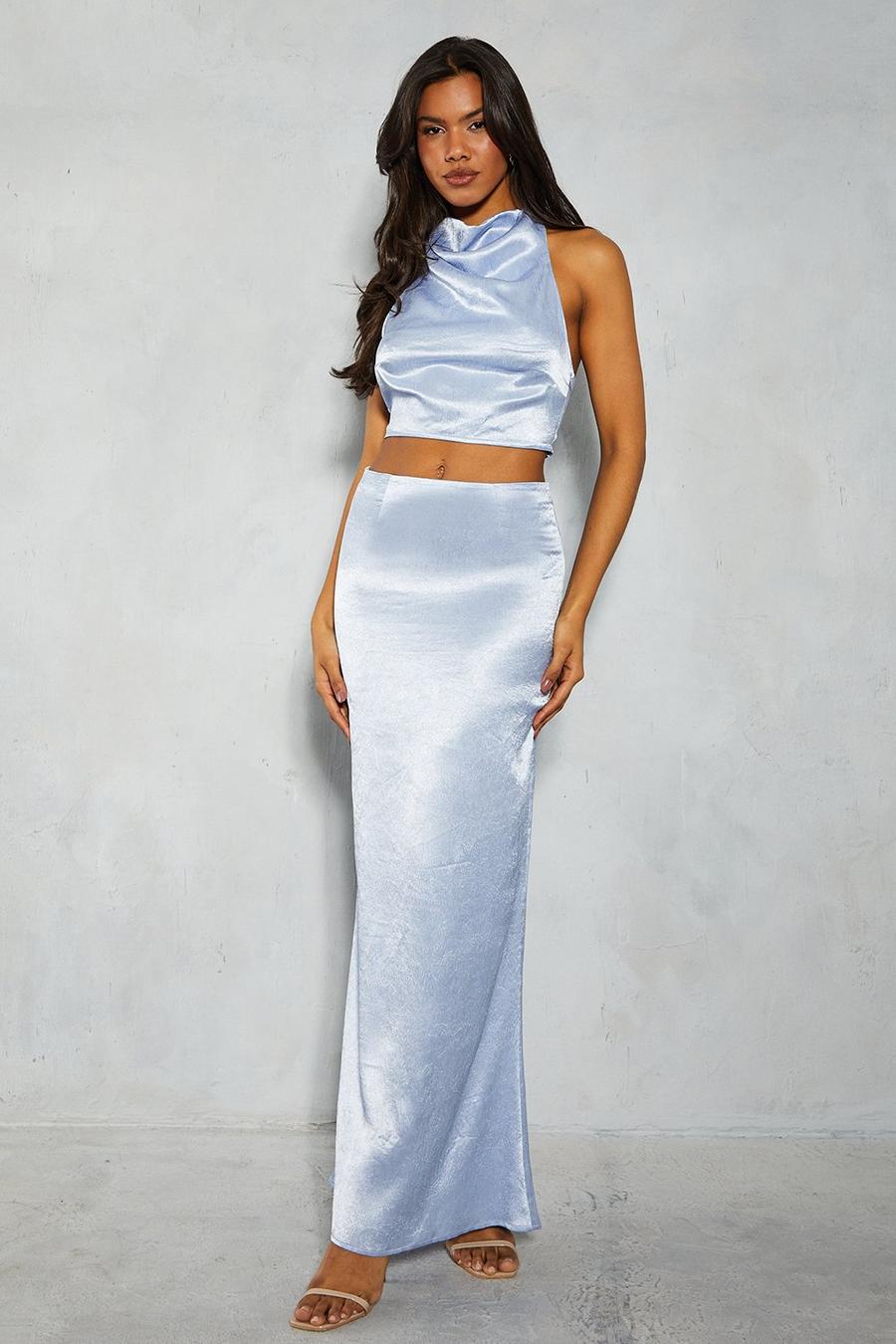 Baby blue Textured Satin Grown On Neck Top & Maxi Skirt Co-ord