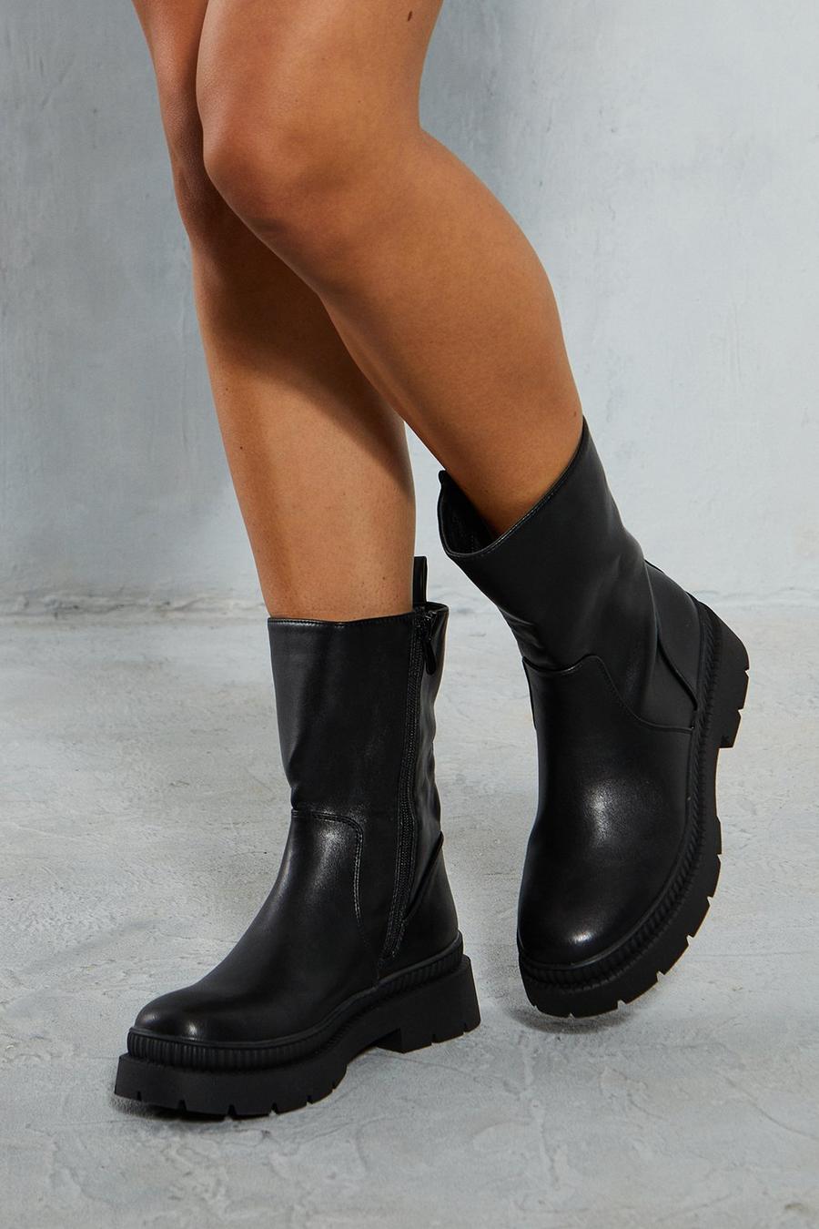 Black Leather Look Flat Ankle Boots