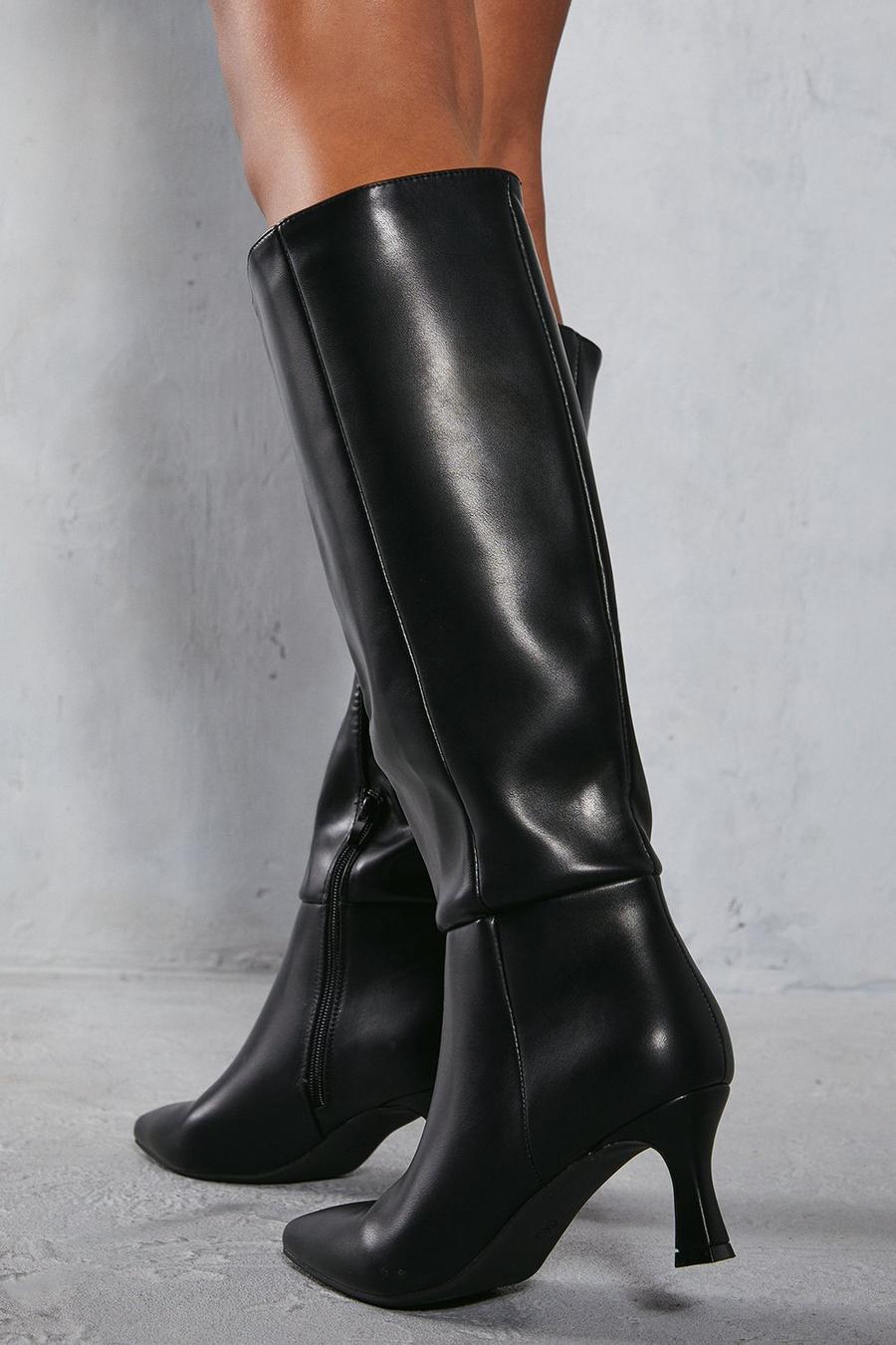Misspap Knee High Low Heel Boots | Boohoo UK
