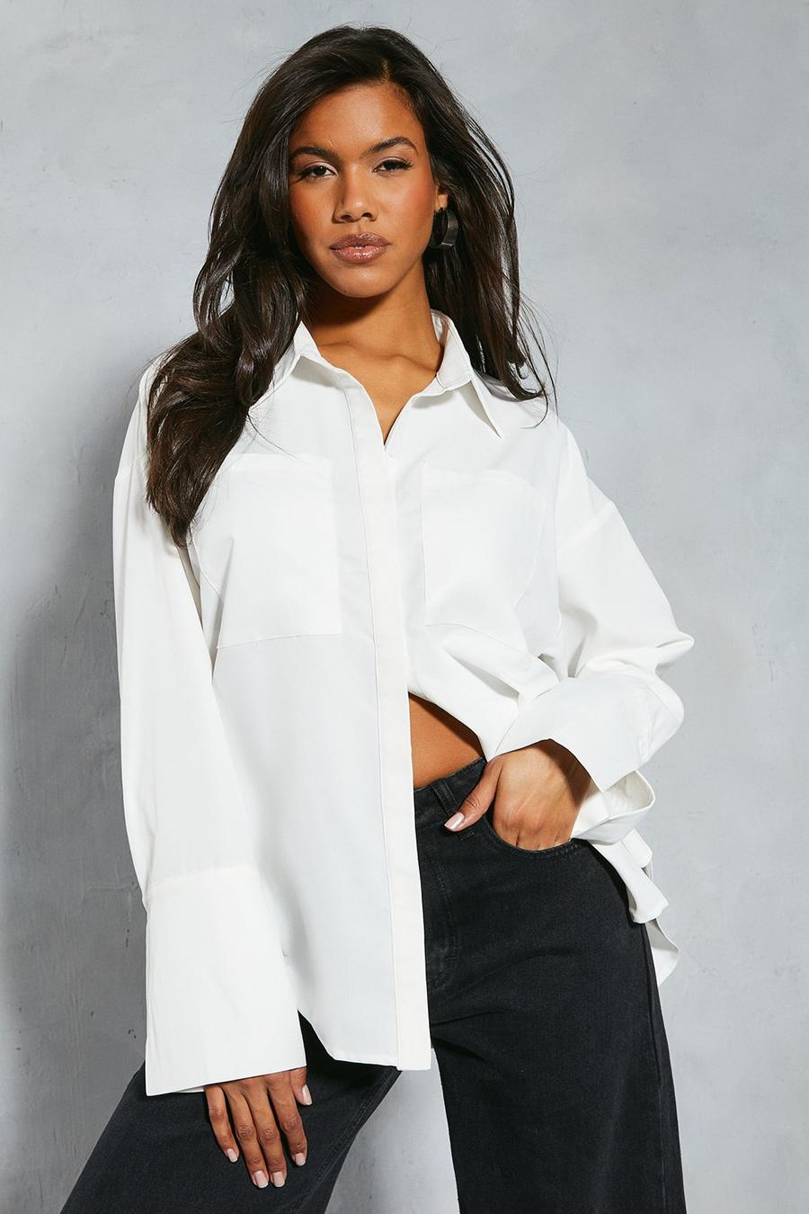 White Oversized Double Pocket Deep Cuff Detail Shirt