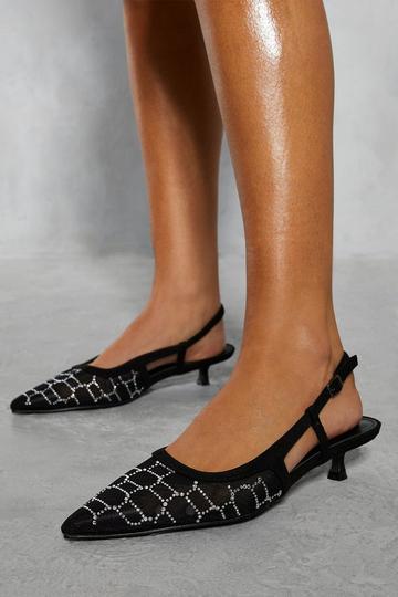 Black Diamante Mesh Pointed Low Heels