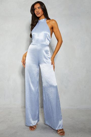 Textured Satin Halterneck Low Back Wide Leg Jumpsuit pale blue