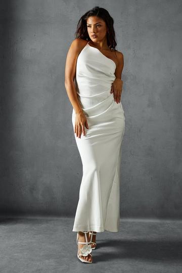 Ivory White Satin Asymmetric Strap Pleated Waist Low Back Maxi Dress