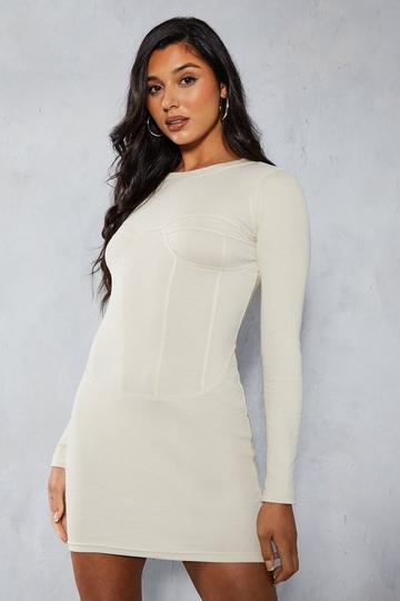 Ribbed Seam Detail Long Sleeve Mini Dress stone