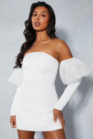 Satin Bardot Embellished Puff Sleeve Mini Dress ivory