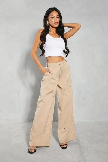 Stone Beige Studded Pocket Detail Wide Leg Trouser