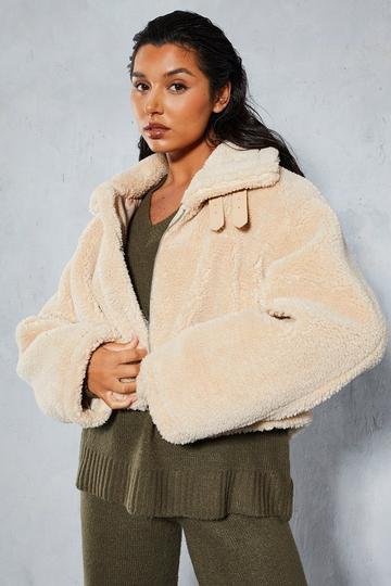 Borg Buckle Detail Cropped Aviator Jacket cream