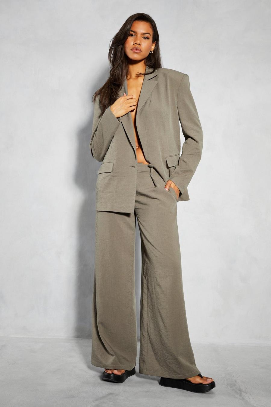 Khaki Linen Look Boxy Tailored Trouser