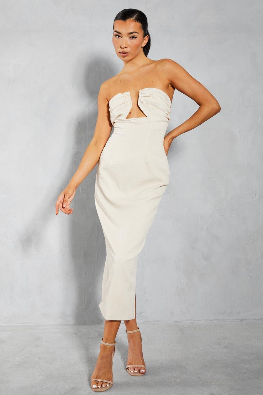 Off white Linen Look Shaped Bust Midi Dress