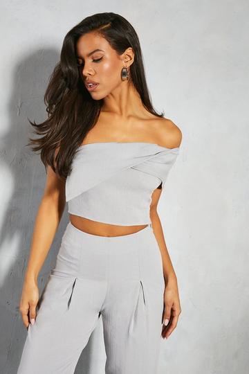 Linen Look Off The Shoulder Pleat Detail Top slate grey