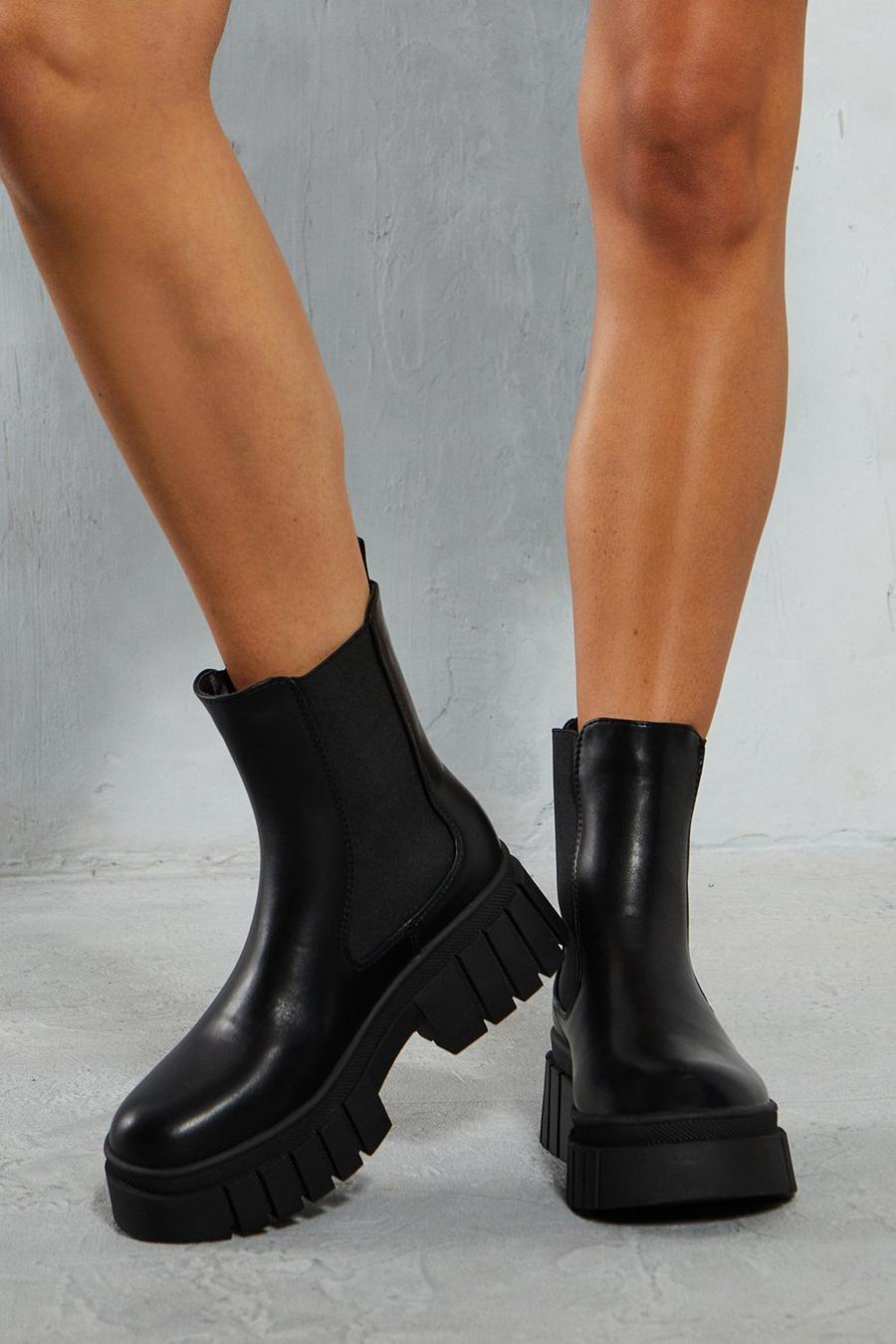Black Leather Look Chunky Sole Ankle Boots image number 1