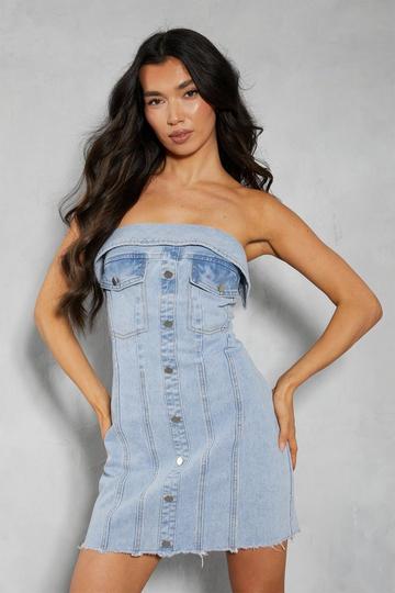 Denim Button Front Raw Hem Mini Dress light wash