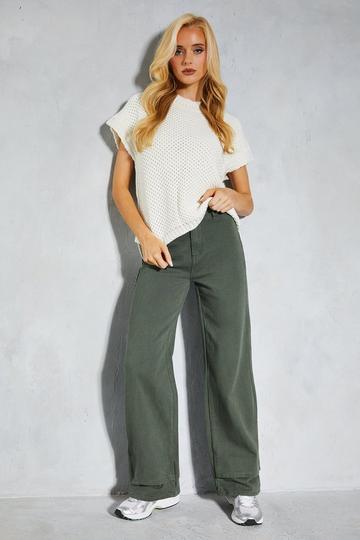 Khaki Oversized Folded Hem Detail Trouser