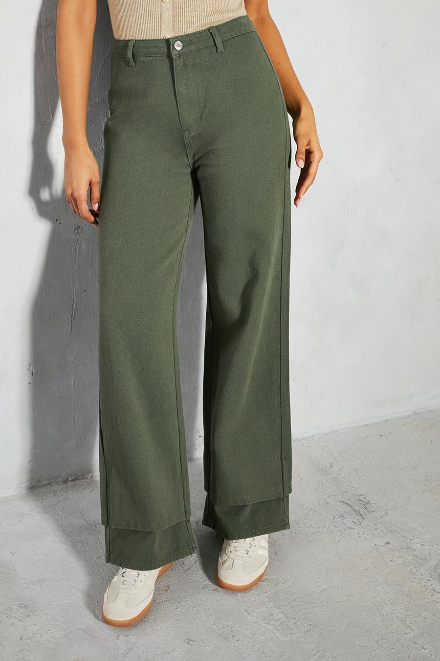 Khaki Oversized Folded Hem Detail Trouser
