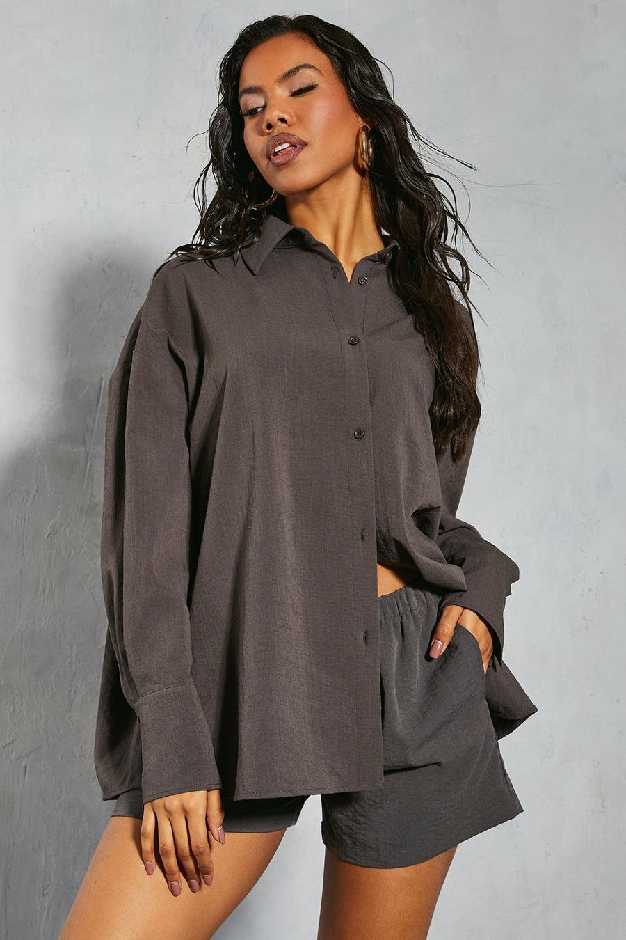 Charcoal Linen Look Oversized Open Back Shirt image number 1