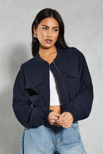 Linen Look Pocket Detail Bomber Jacket navy