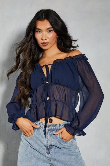 Navy Sheer Ruched Off The Shoulder Top