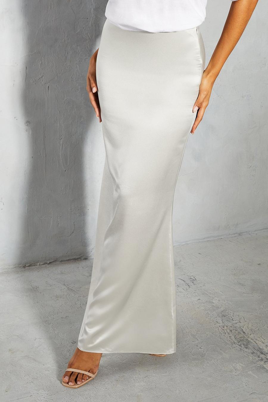 Silver Metallic Satin High Waisted Fishtail Maxi Skirt  image number 1