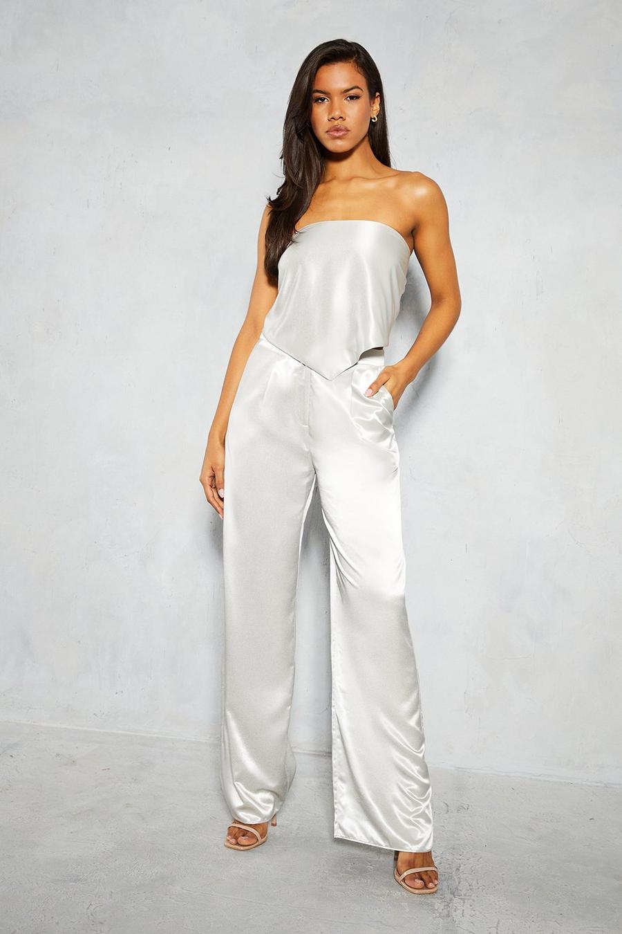 Silver Satin Relaxed Trouser & Triangle Handkerchief Top Co-ord image number 1