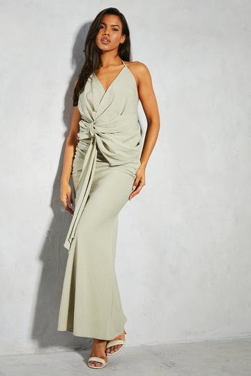 Linen Halterneck Draped Twist Top & Maxi Skirt Co-ord sage