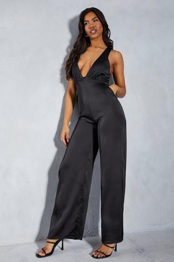 Satin Plunge Underbust Seam Detail Wide Leg Jumpsuit black