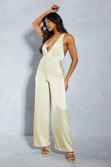 Satin Plunge Underbust Seam Detail Wide Leg Jumpsuit lime