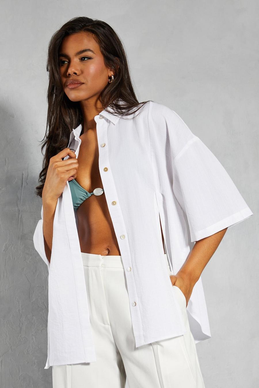 White Linen Look Oversized Short Sleeve Shirt