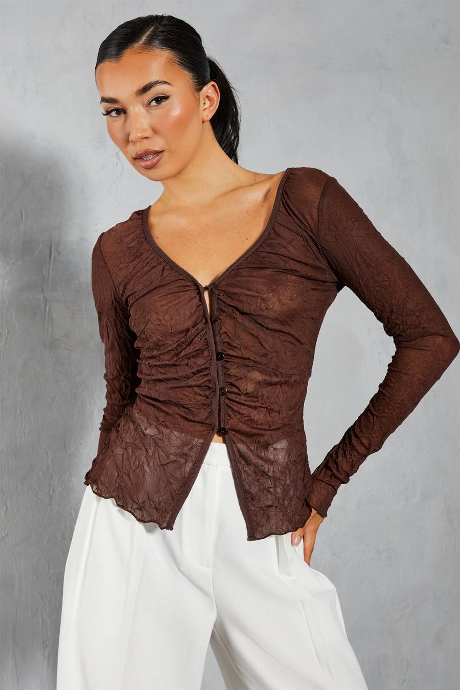 Chocolate Crinkle Mesh Button Down Long Sleeve Top  image number 1