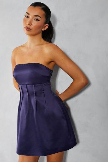 Navy Satin Bandeau Pintuck Detail A-line Mini Dress