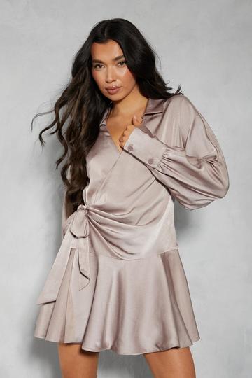 Satin Plunge Layered Frill Skirt Tie Side Wrap Mini Dress mocha