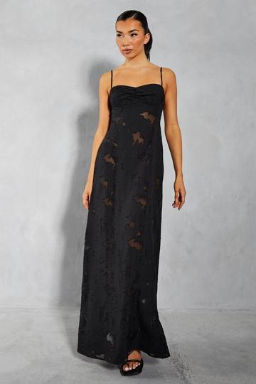 Black Burn Out Ruched Bust Lace Up Back Bandeau Maxi Dress