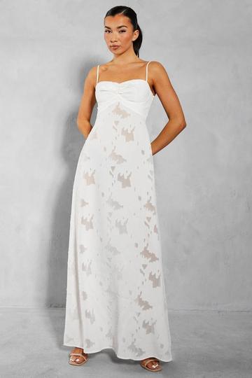 Burn Out Ruched Bust Lace Up Back Bandeau Maxi Dress ivory