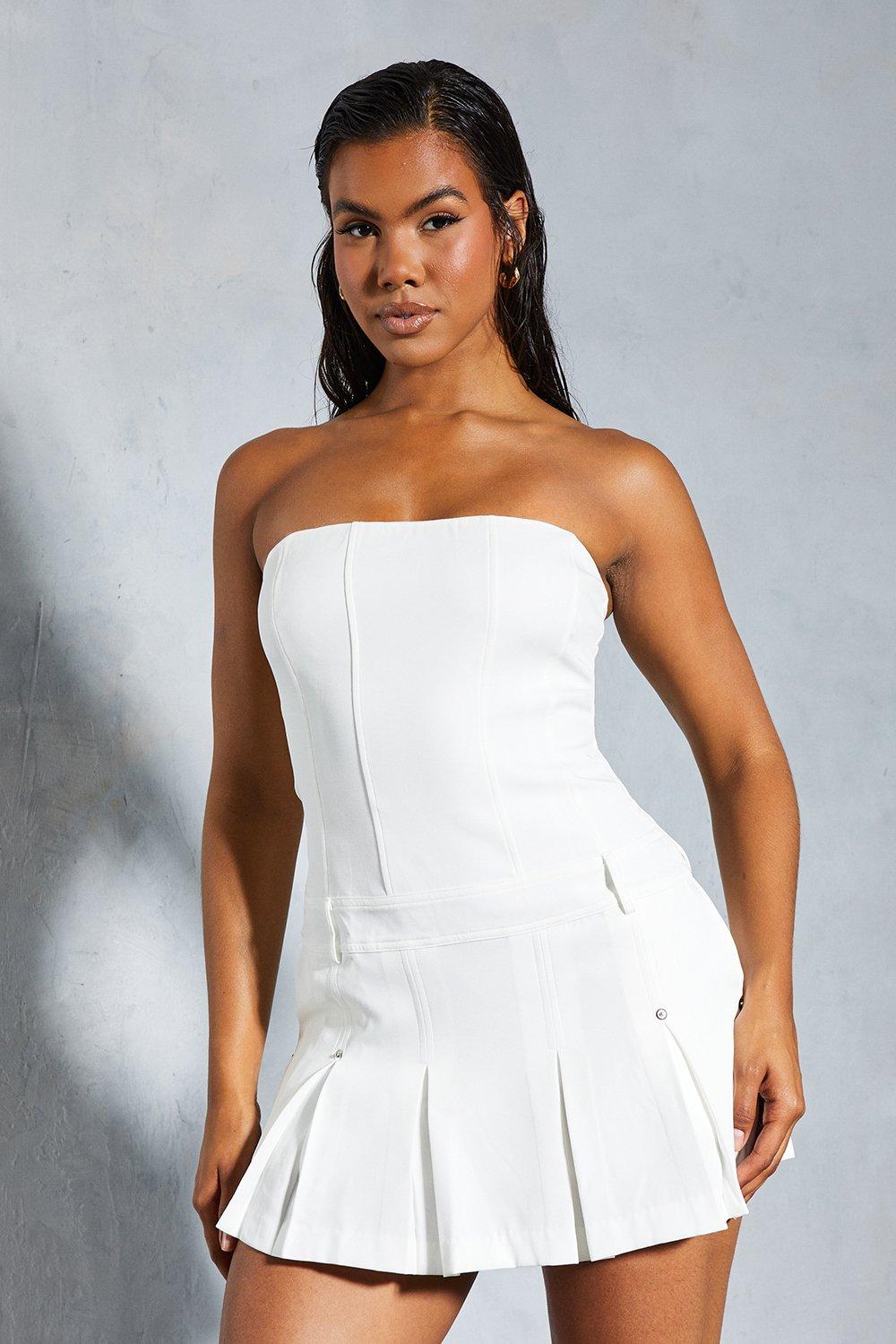 Womens Pleated Hem Bandeau Mini Dress - White - 12, White