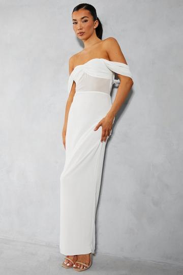 Chiffon Off The Shoulder Ruched Detail Maxi Dress white