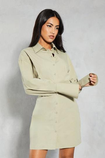 Khaki Poplin Fitted Mini Shirt Dress