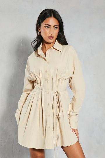 Stone Beige Poplin Pleated Detail Shirt Dress