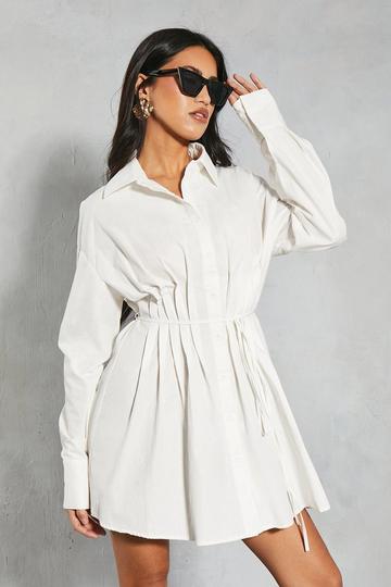 White Poplin Pleated Detail Shirt Dress