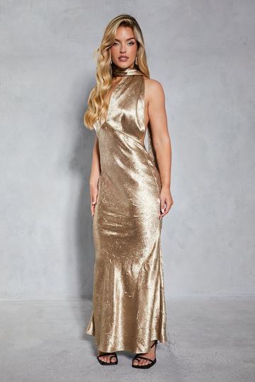 Gold Metallic Hammered Satin Scarf Detail Fishtail Maxi Dress